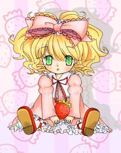 Rating: Safe Score: 0 Tags: 1girl apple blonde_hair bow dress food frills fruit full_body green_eyes hair_bow hina_ichigo hinaichigo image long_sleeves pink_bow pink_dress short_hair sitting solo strawberry User: admin