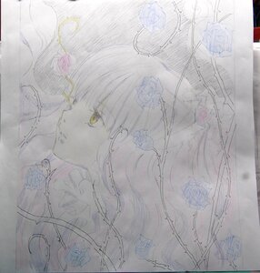 Rating: Safe Score: 0 Tags: 1girl bangs blue_flower blue_rose choker flower hair_flower hair_ornament image jewelry kirakishou lace long_hair necklace portrait profile rose sketch solo traditional_media yellow_eyes User: admin