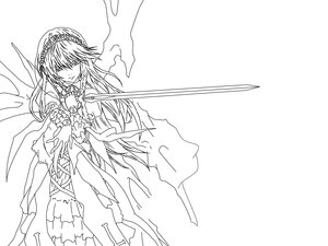 Rating: Safe Score: 0 Tags: 1girl auto_tagged bare_shoulders dress eyebrows_visible_through_hair floating_hair greyscale holding holding_sword holding_weapon image jewelry long_hair looking_at_viewer monochrome solo suigintou sword weapon wings User: admin