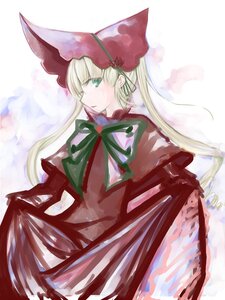 Rating: Safe Score: 0 Tags: 1girl blonde_hair bonnet bow bowtie dress green_eyes image long_hair long_sleeves red_dress shinku solo wings User: admin