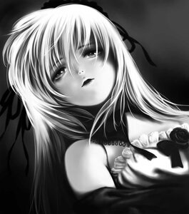 Rating: Safe Score: 0 Tags: 1girl bare_shoulders flower greyscale hair_ribbon highres image long_hair looking_at_viewer monochrome ribbon rose rozen_maiden solo suigintou toshi_hiroshi upper_body User: admin