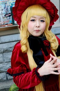 Rating: Safe Score: 0 Tags: 1girl bangs blonde_hair blue_eyes bonnet dress drill_hair flower hat lips long_hair long_sleeves looking_at_viewer photo rose shinku solo User: admin