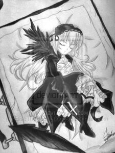 Rating: Safe Score: 0 Tags: 1girl blurry boots closed_eyes depth_of_field dress frills full_body greyscale image long_hair long_sleeves monochrome sleeping solo suigintou very_long_hair wings User: admin