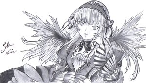 Rating: Safe Score: 0 Tags: 1girl black_wings dated dress feathered_wings flower frills greyscale hairband image long_hair long_sleeves looking_at_viewer monochrome ribbon rose signature simple_background solo suigintou traditional_media upper_body white_background wings User: admin