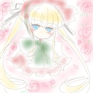 Rating: Safe Score: 0 Tags: 1girl blonde_hair blue_eyes blush bonnet dress flower hat image lily_white long_hair long_sleeves looking_at_viewer petals pink_rose rose shinku solo User: admin