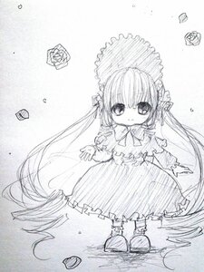 Rating: Safe Score: 0 Tags: 1girl bonnet dress eyebrows_visible_through_hair flower frills full_body image lolita_fashion long_hair long_sleeves looking_at_viewer monochrome rose shinku shoes smile solo standing traditional_media twintails very_long_hair User: admin