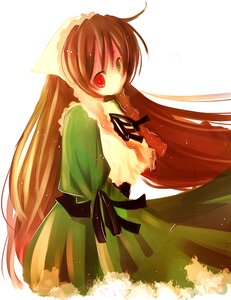 Rating: Safe Score: 0 Tags: 1girl bangs brown_hair dress frills green_dress heterochromia image long_hair long_sleeves looking_at_viewer red_eyes simple_background solo standing suiseiseki very_long_hair white_background User: admin