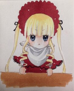 Rating: Safe Score: 0 Tags: 1girl :t bangs blonde_hair blue_eyes blush bonnet bow cup drill_hair image long_hair looking_at_viewer photo red_dress shinku sidelocks simple_background solo twintails User: admin