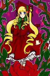 Rating: Safe Score: 0 Tags: 1girl blonde_hair bloomers blue_eyes blush bow bowtie capelet dress drill_hair flower frills green_bow image long_hair long_sleeves plant red_dress shinku sidelocks solo standing thorns vines User: admin