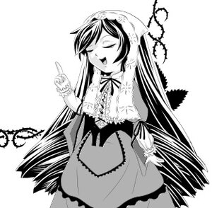 Rating: Safe Score: 0 Tags: 1girl closed_eyes dress frills greyscale image long_hair long_sleeves monochrome open_mouth ribbon smile solo suiseiseki very_long_hair User: admin