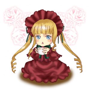 Rating: Safe Score: 0 Tags: 1girl bangs blonde_hair blue_eyes blush bonnet cup dress drill_hair flower green_bow holding holding_cup image long_hair long_sleeves looking_at_viewer pink_rose red_dress rose saucer shinku sitting solo tea teacup twintails User: admin