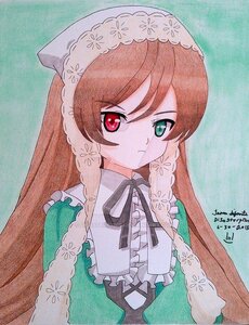 Rating: Safe Score: 0 Tags: 1girl artist_name auto_tagged bangs black_ribbon brown_hair closed_mouth dress frills green_dress hat heterochromia image long_hair long_sleeves looking_at_viewer red_eyes ribbon solo suiseiseki traditional_media upper_body User: admin
