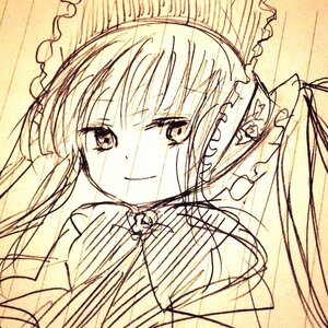 Rating: Safe Score: 0 Tags: 1girl auto_tagged bangs bonnet closed_mouth eyebrows_visible_through_hair image long_hair looking_at_viewer monochrome shinku sketch smile solo twintails User: admin