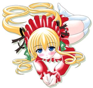 Rating: Safe Score: 0 Tags: 1girl blonde_hair blue_eyes blush bonnet dress drill_hair flower full_body image long_hair long_sleeves looking_at_viewer lying red_dress shinku simple_background solo twintails white_legwear User: admin