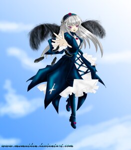 Rating: Safe Score: 0 Tags: 1girl black_wings dress flower frills full_body hairband image lolita_hairband long_hair long_sleeves looking_at_viewer open_mouth outstretched_hand pink_eyes purple_eyes rose silver_hair solo suigintou wings User: admin