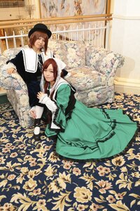 Rating: Safe Score: 0 Tags: 1boy 1girl brown_hair dress flower green_dress hat long_sleeves multiple_cosplay sitting smile tagme User: admin