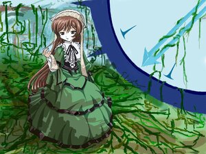 Rating: Safe Score: 0 Tags: 1girl brown_hair dress frills green_dress image long_hair long_sleeves plant ribbon solo suiseiseki tree very_long_hair User: admin