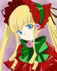 Rating: Safe Score: 0 Tags: 1girl bangs blonde_hair blue_eyes bonnet bow bowtie dress flower green_bow green_neckwear image long_hair long_sleeves looking_at_viewer pink_rose rose shinku sidelocks simple_background solo twintails upper_body User: admin