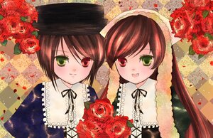 Rating: Safe Score: 0 Tags: 2girls argyle_background bouquet brown_hair checkered checkered_background commentary_request flower green_eyes hat heterochromia image long_hair looking_at_viewer multiple_girls nafuwo open_mouth pair petals pink_rose red_eyes red_flower red_rose rose rozen_maiden short_hair siblings sisters smile souseiseki suiseiseki twins yellow_flower yellow_rose User: admin