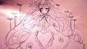 Rating: Safe Score: 0 Tags: 1girl dress flower frills image long_hair long_sleeves looking_at_viewer monochrome pink_theme smile solo suiseiseki traditional_media very_long_hair User: admin