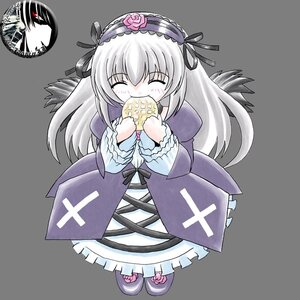 Rating: Safe Score: 0 Tags: 1girl black_wings blush closed_eyes dress eating food frills full_body hairband image long_hair long_sleeves rose silver_hair solo suigintou wings User: admin