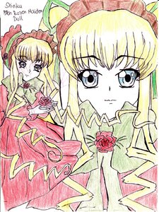 Rating: Safe Score: 0 Tags: 2girls blonde_hair blue_eyes bonnet bow bowtie cup dress drill_hair flower green_bow hat image long_hair long_sleeves looking_at_viewer multiple_girls pink_bow red_dress rose shinku solo traditional_media User: admin