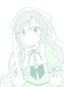 Rating: Safe Score: 0 Tags: 1girl bangs blush braid dress eyebrows_visible_through_hair green_theme image long_hair looking_at_viewer monochrome neck_ribbon ribbon simple_background solo suiseiseki twin_braids upper_body very_long_hair white_background User: admin
