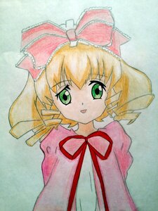 Rating: Safe Score: 0 Tags: 1girl blonde_hair bow dress drill_hair eyebrows_visible_through_hair green_eyes hair_bow hina_ichigo hinaichigo image long_sleeves looking_at_viewer pink_bow short_hair simple_background smile solo traditional_media upper_body User: admin