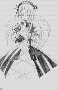 Rating: Safe Score: 0 Tags: 1girl dress frills greyscale hairband long_hair long_sleeves looking_at_viewer monochrome ribbon solo suigintou traditional_media User: admin