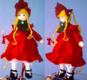 Rating: Safe Score: 0 Tags: blonde_hair bloomers blue_eyes bonnet bow bowtie capelet doll dress flower full_body green_bow long_hair long_sleeves looking_at_viewer multiple_girls red_dress shinku sidelocks solo standing twintails underwear User: admin