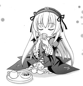 Rating: Safe Score: 0 Tags: 1girl closed_eyes cup dress eating food frills greyscale hairband image long_hair long_sleeves monochrome ribbon saucer sitting solo suigintou tea teacup teapot wings User: admin