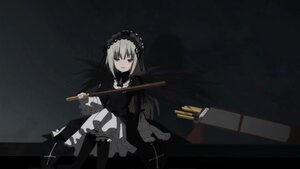 Rating: Safe Score: 0 Tags: 1girl black_background black_dress black_legwear closed_mouth dress frills gothic_lolita hairband holding holding_weapon image lolita_fashion long_sleeves looking_at_viewer red_eyes silver_hair sitting solo suigintou weapon User: admin