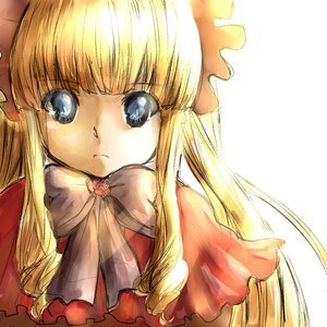 Rating: Safe Score: 0 Tags: 1girl bangs blonde_hair blue_eyes bow flower food hat image long_hair looking_at_viewer rose shinku simple_background solo striped upper_body User: admin
