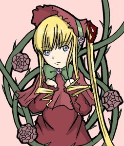Rating: Safe Score: 0 Tags: 1girl blonde_hair blue_eyes bonnet bow bowtie dress flower green_bow green_neckwear image long_hair long_sleeves looking_at_viewer pink_background plant red_dress shinku sidelocks simple_background solo upper_body very_long_hair User: admin