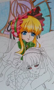 Rating: Safe Score: 0 Tags: 2girls blonde_hair blue_eyes bonnet dress frills image long_hair looking_at_viewer marker_(medium) multiple_girls pair red_eyes shinku smile suigintou traditional_media twintails umbrella User: admin