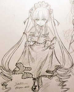 Rating: Safe Score: 0 Tags: 1girl dress drill_hair frills full_body image long_hair long_sleeves looking_at_viewer monochrome shinku shoes solo standing traditional_media very_long_hair User: admin