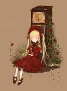 Rating: Safe Score: 0 Tags: 1girl blonde_hair bonnet bow brown_background closed_eyes dress flower image long_hair long_sleeves red_dress red_flower red_rose rose shinku shoes sitting sleeping solo twintails very_long_hair User: admin