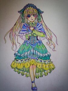 Rating: Safe Score: 0 Tags: 1girl blonde_hair blue_eyes bow dress frills full_body green_dress hairband image kirakishou lolita_fashion long_hair long_sleeves looking_at_viewer marker_(medium) ribbon shoes smile solo standing traditional_media very_long_hair watercolor_(medium) User: admin