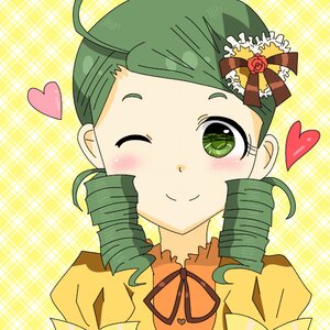 Rating: Safe Score: 0 Tags: 1girl blush checkered dress drill_hair green_eyes green_hair heart heart_hair_ornament image juliet_sleeves kanaria one_eye_closed plaid plaid_background plaid_shirt puffy_sleeves ribbon smile solo twin_drills yellow_background User: admin