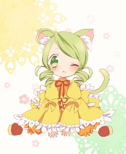 Rating: Safe Score: 0 Tags: 1girl animal_ears blush cat_ears dress drill_hair green_eyes green_hair image kanaria one_eye_closed solo tail twin_drills User: admin
