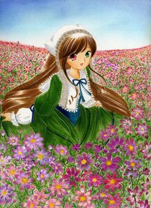Rating: Safe Score: 0 Tags: 1girl :d brown_hair day dress field flower flower_field green_dress green_eyes head_scarf heterochromia image long_hair long_sleeves looking_at_viewer open_mouth outdoors red_eyes sky smile solo suiseiseki traditional_media very_long_hair watering_can User: admin