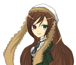 Rating: Safe Score: 0 Tags: 1girl black_ribbon brown_hair dress frills green_dress green_eyes head_scarf heterochromia image long_hair long_sleeves looking_at_viewer neck_ribbon red_eyes ribbon simple_background smile solo suiseiseki upper_body vertical_stripes very_long_hair white_background User: admin