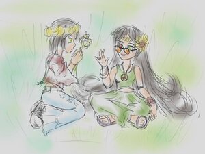 Rating: Safe Score: 0 Tags: 2girls black_hair brown_hair dress flower green_eyes hair_flower hair_ornament image long_hair multiple_girls pair sandals sitting sketch souseiseki suiseiseki very_long_hair User: admin