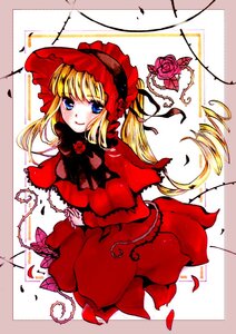 Rating: Safe Score: 0 Tags: 1girl blonde_hair blue_eyes blush bonnet bow capelet dress drill_hair flower image long_hair long_sleeves looking_at_viewer petals red_capelet red_dress red_flower red_rose rose shinku smile solo twintails User: admin