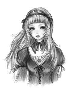 Rating: Safe Score: 0 Tags: 1girl bangs blunt_bangs eyelashes graphite_(medium) greyscale hairband image juliet_sleeves long_hair long_sleeves looking_at_viewer monochrome puffy_sleeves ribbon simple_background solo striped suigintou upper_body white_background User: admin