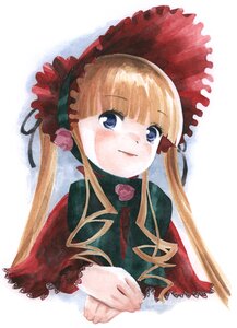 Rating: Safe Score: 0 Tags: 1girl bangs blonde_hair blue_eyes blush bonnet bow dress flower image long_hair long_sleeves looking_at_viewer red_dress rose shinku sidelocks simple_background solo traditional_media twintails upper_body white_background User: admin