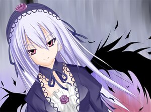 Rating: Safe Score: 0 Tags: 1girl black_wings dress feathers flower hairband image long_hair long_sleeves looking_at_viewer pink_eyes ribbon rose silver_hair smile solo suigintou upper_body wings User: admin