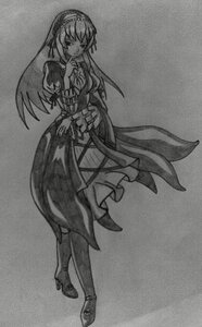 Rating: Safe Score: 0 Tags: 1girl dress full_body greyscale hairband image juliet_sleeves long_hair long_sleeves looking_at_viewer monochrome solo standing suigintou traditional_media User: admin