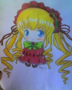 Rating: Safe Score: 0 Tags: 1girl auto_tagged blonde_hair blue_background blue_eyes blush bonnet bow bowtie dress drill_hair full_body green_bow image long_hair long_sleeves looking_at_viewer marker_(medium) photo red_dress ringlets shinku simple_background solo traditional_media twin_drills User: admin