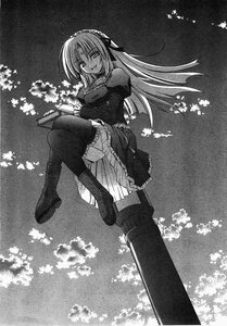 Rating: Safe Score: 0 Tags: 1girl boots dress frills greyscale image long_hair long_sleeves monochrome smile solo suigintou thighhighs User: admin